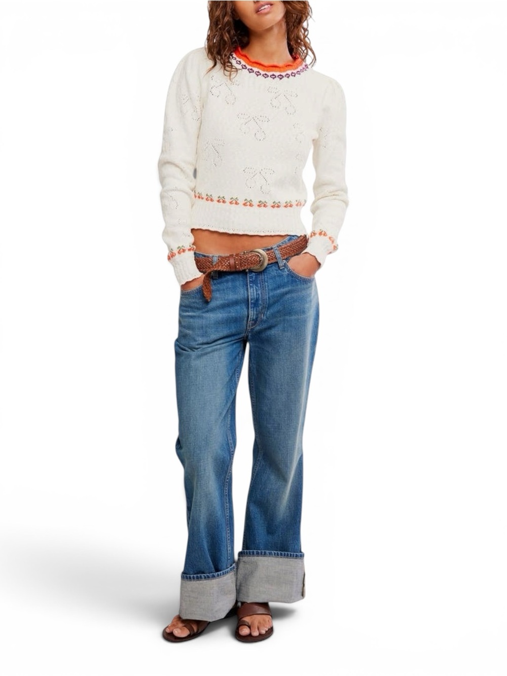 Free‎ People Tilly Cherry Pointelle Knit Crop Sweater Size XS Boho Hippie Whimsy
